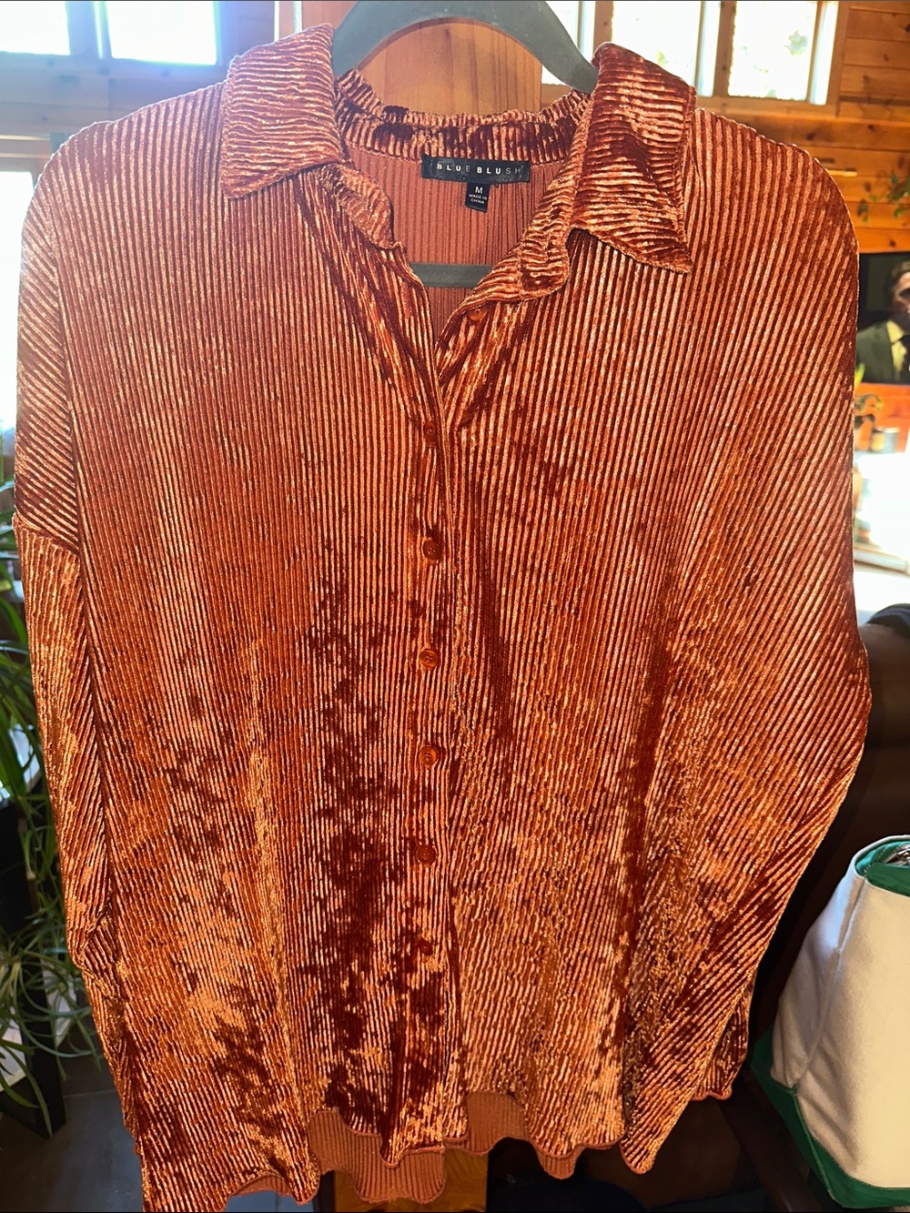 Blue Blush Copper Ribbed Velvet Button-Down Shirt
